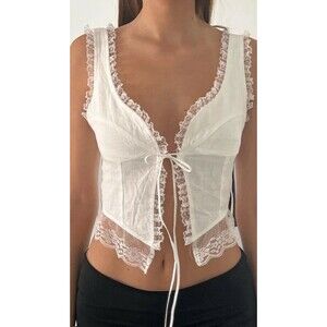 Soldado Cropped Lace Tie Front Tank Blouse M Festival Boho Hippie 100% Cotton